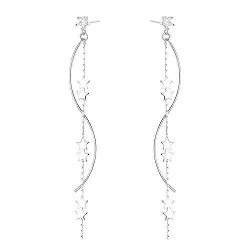 SLUYNZ Sterling Silver Star Dangle Earrings for Women Teens Girls Long Dangle Earrings Chain Curve Spiral Line Earrings Tassel (A-Silver) - Image 1