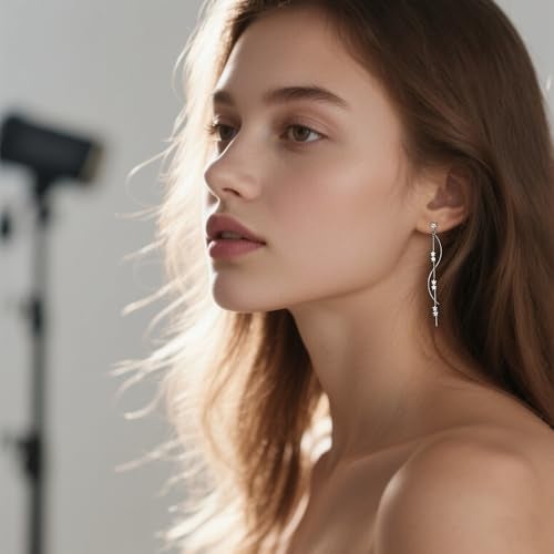 SLUYNZ Sterling Silver Star Dangle Earrings for Women Teens Girls Long Dangle Earrings Chain Curve Spiral Line Earrings Tassel (A-Silver) - Image 2