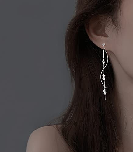 SLUYNZ Sterling Silver Star Dangle Earrings for Women Teens Girls Long Dangle Earrings Chain Curve Spiral Line Earrings Tassel (A-Silver) - Image 3
