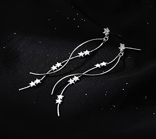 SLUYNZ Sterling Silver Star Dangle Earrings for Women Teens Girls Long Dangle Earrings Chain Curve Spiral Line Earrings Tassel (A-Silver) - Image 4