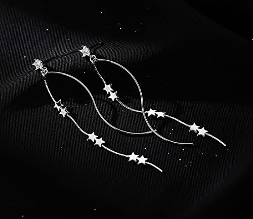 SLUYNZ Sterling Silver Star Dangle Earrings for Women Teens Girls Long Dangle Earrings Chain Curve Spiral Line Earrings Tassel (A-Silver) - Image 5