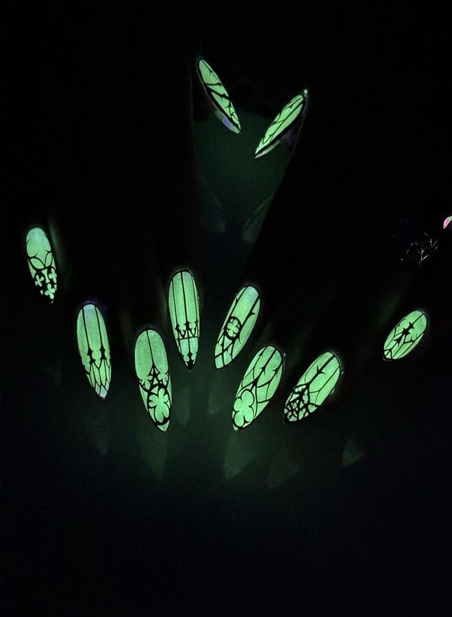 HJKDSFD Almond Press on Nails Medium Length Fake Nails Black Goth Acrylic Glue on Nails Glow in the Dark False Nails with Designs Full Cover Glue on Nails Reusable Artificial Nails for Women 24Pcs - Image 3