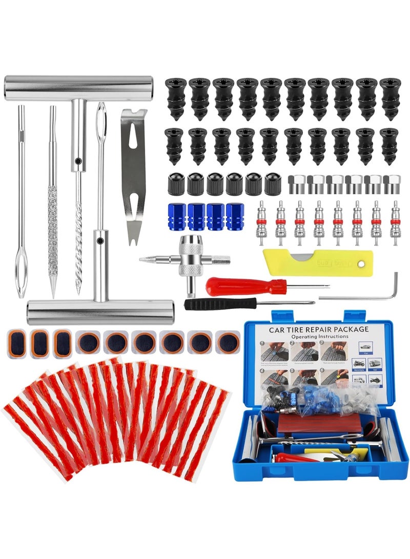 Arabest Tire Plug Kit, 95 PCS Tubeless Tire Repair Kit with Heavy-Duty Metal T-Handle Tools, Repair Strips, Screw-in Repair Plugs, Valve Core Tool, Caps & Storage Case for Car SUV Motorcycle ATV - Image 1