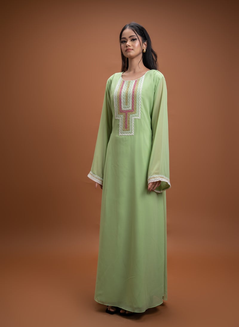 AINSIABI Fiha Green geometric Kaftan for Women – Long Modest Kaftan Dress | Embroidered Islamic Gown for Eid & Ramadan | Muslim Ladies Robe - Image 1