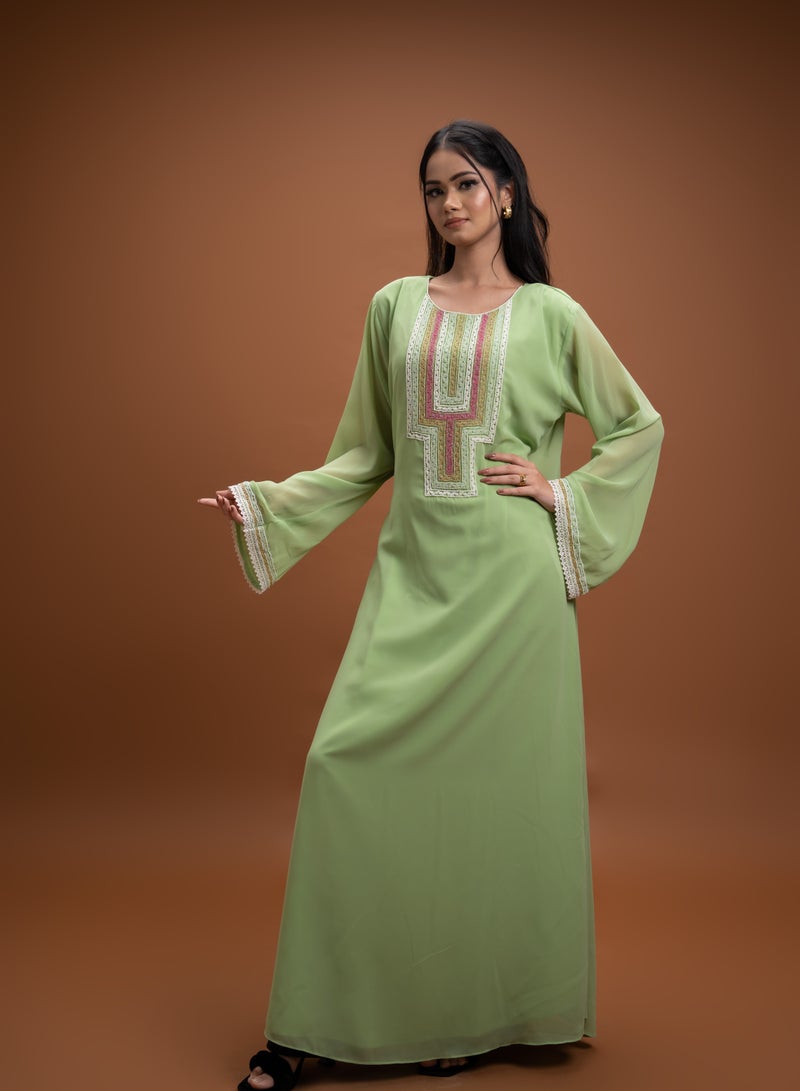 AINSIABI Fiha Green geometric Kaftan for Women – Long Modest Kaftan Dress | Embroidered Islamic Gown for Eid & Ramadan | Muslim Ladies Robe - Image 2