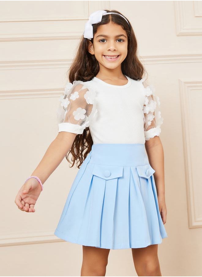 Styli - Applique Mesh Sleeve Top & Flap Pocket Front Pleated Skirt Set - Image 1