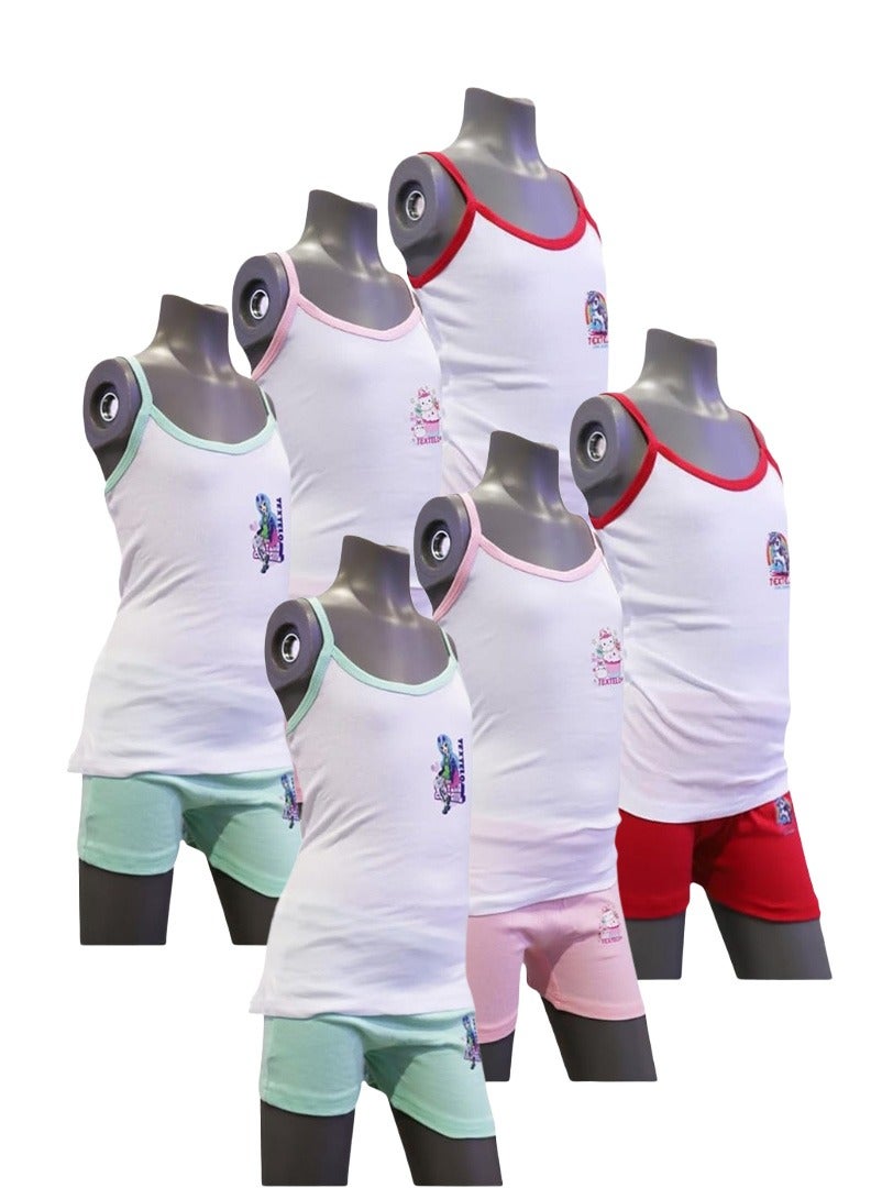 تكستيلو طقم ملابس داخلية للبنات من تيكستيلو مكون من 6 قطع من السترات القطنية والملابس الداخلية 3 ألوان أبيض وأحمر وأبيض وأخضر وأبيض ووردي - Image 1