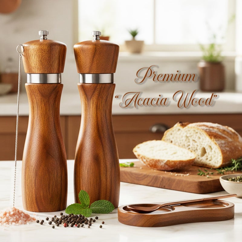 GOOHERA Premium Acacia Wood Salt & Pepper Grinder Set, 8-Inch Manual Mills with Adjustable Coarseness, Ceramic Core, Matching Tray, Spoon & Cleaning Brush â€“ 2 Pack - Image 2