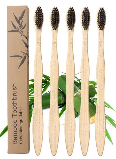 5Pcs Bamboo Toothbrush Set Bamboo Brush  for adults, Eco-Friendly Natural Toothbrush Packed in Recycled Material, 100% Organic And Biodegradable Bamboo Toothbrush with Soft Bristles