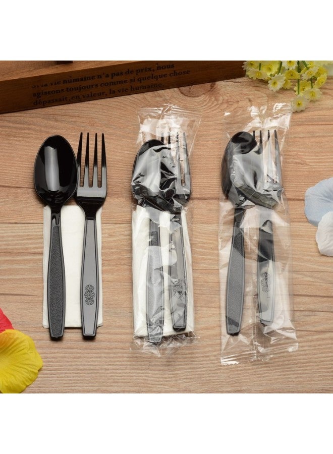 Western Food Packing Fork Spoon Set Plastic With Paper Towel Black Thickened Fruit Disposable Large Salad Fork LOGO-Specifications:Trumpet Fork + Spoon With Tissue - Image 1