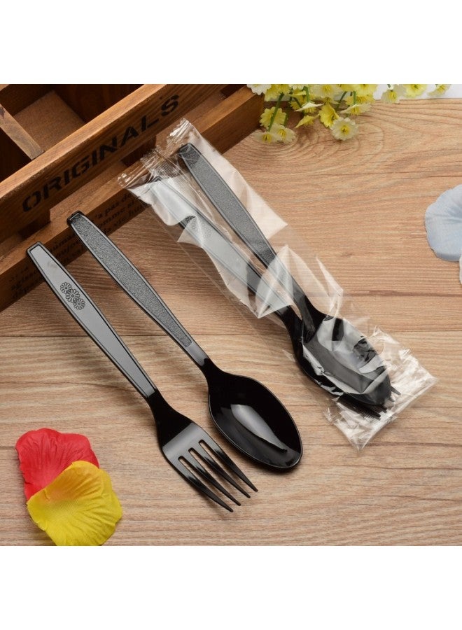 Western Food Packing Fork Spoon Set Plastic With Paper Towel Black Thickened Fruit Disposable Large Salad Fork LOGO-Specifications:Trumpet Fork + Spoon With Tissue - Image 3
