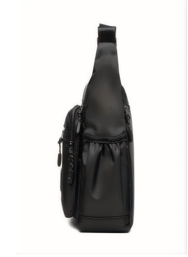 Men's large capacity nylon shoulder bag - waterproof and durable, with multiple pockets suitable for business and leisure use, adjustable shoulder straps, zipper closure - black  - Image 4