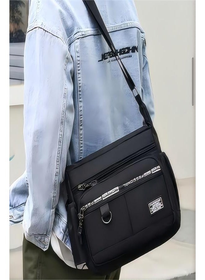 Men's large capacity nylon shoulder bag - waterproof and durable, with multiple pockets suitable for business and leisure use, adjustable shoulder straps, zipper closure - black  - Image 5