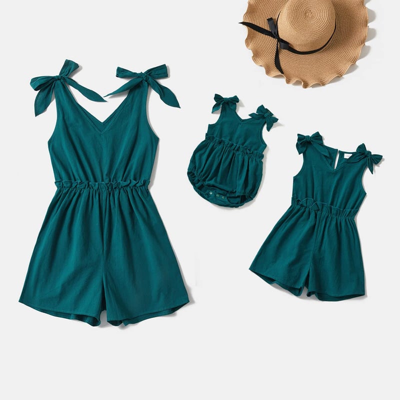 AWIBMK Mommy and Me Dresses Outfits Floral Print Sling Family Matching Belted Jumpsuit Romper V Neck Sleeveless Summer Casual Clothes Suit Set for Mother and Daughter Dark Green Lace Up 6-7 Years - Image 2