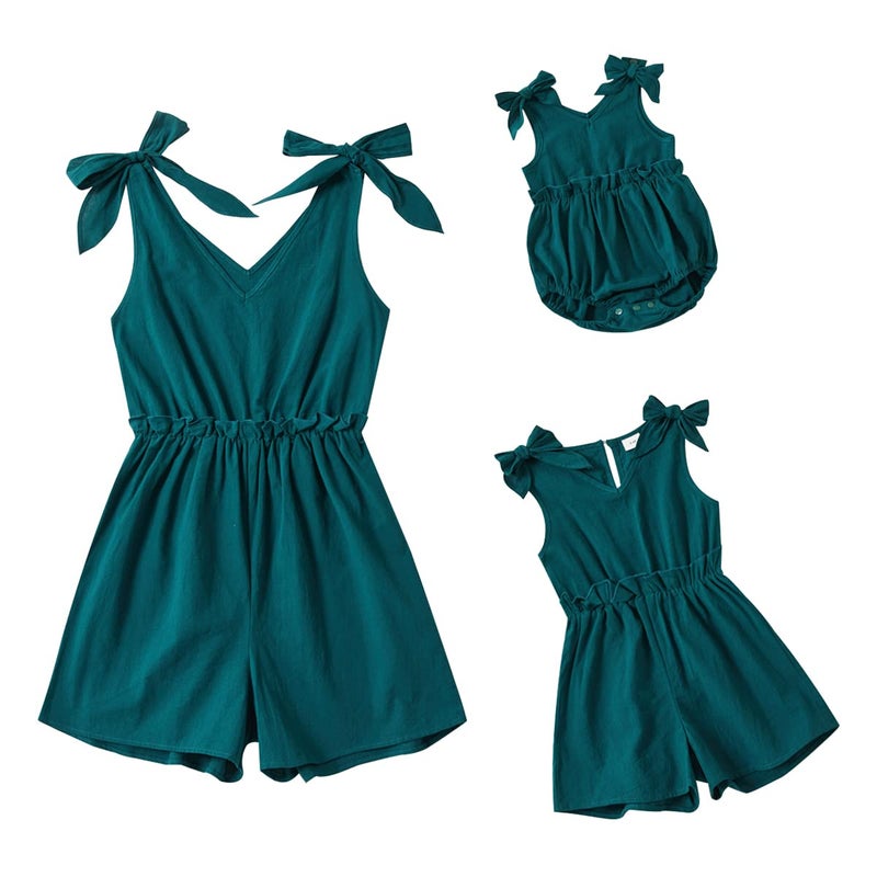 AWIBMK Mommy and Me Dresses Outfits Floral Print Sling Family Matching Belted Jumpsuit Romper V Neck Sleeveless Summer Casual Clothes Suit Set for Mother and Daughter Dark Green Lace Up 6-7 Years - Image 1