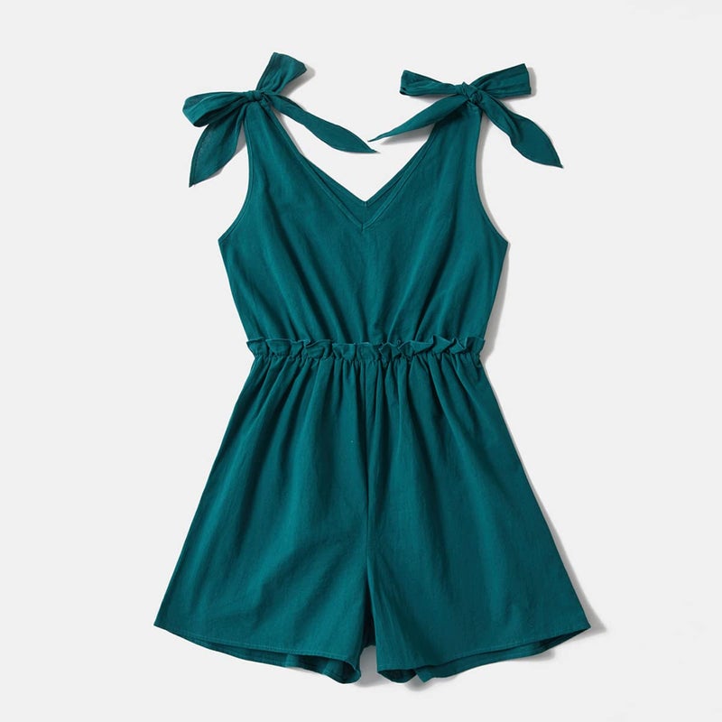 AWIBMK Mommy and Me Dresses Outfits Floral Print Sling Family Matching Belted Jumpsuit Romper V Neck Sleeveless Summer Casual Clothes Suit Set for Mother and Daughter Dark Green Lace Up 6-7 Years - Image 3