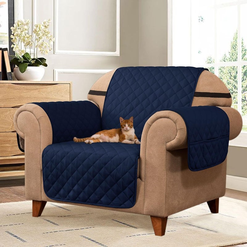 SUBRTEX Chair Cover Reversible Sofa Couch Slipcover Quilted Furniture Protector with Elastic Straps Washable Armchair for Living Room for Kids Pets (Chair, Navy) - Image 3