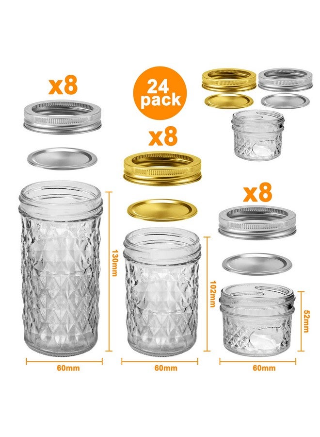 SPANLA Mason Jars Canning Jars, 24 Pack Jelly Jars With Regular Lids, Ideal for Jam, Honey, Wedding / Shower Favors, DIY Magnetic Spice Jars - 4 OZ x 8, 8 OZ x 8, 12 OZ x 8 (4oz -8oz-12oz) - Image 1