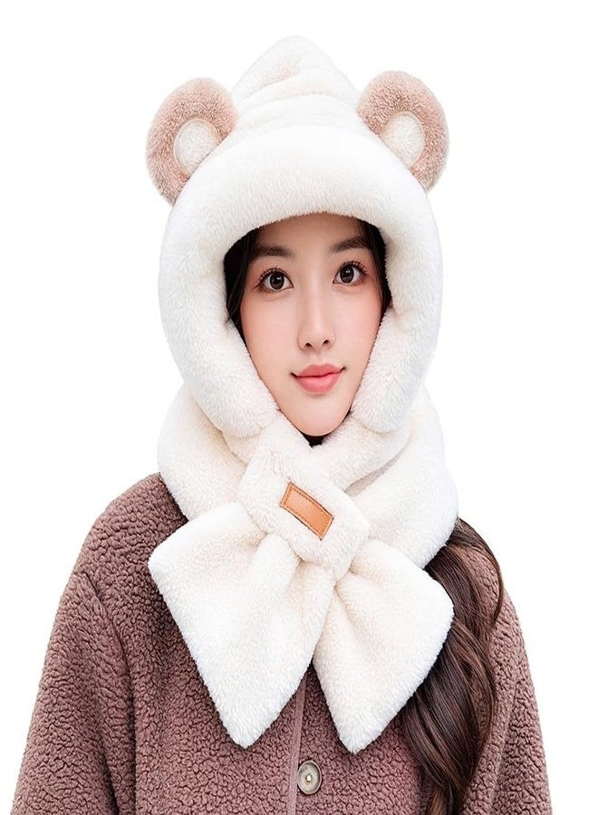 EMPOISON Women’s Winter Hooded Bear Scarf | 3-in-1 Plush Hood, Ear Warmer & Neck Warmer | Ultra Soft Faux Fur, Windproof, No-Shed, Warm & Cute Winter Hat for Girls/Women (White) - Image 1