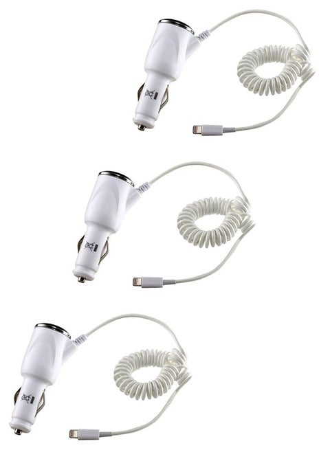 USB Car Charger For iPhone 5/6/7/iOS Devices White Pack of 3