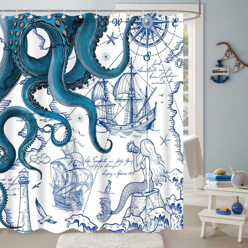 Fungarth Blue Nautical Octopus Shower Curtain Navy Mermaid Funny Ocean Kraken Shower Curtains for Bathroom Cool Anchor Coastal Map Waterproof Fabric Bath Curtain Decor with Hooks (Blue, 72â€ x 72â€) - Image 2