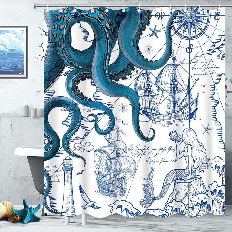 Fungarth Blue Nautical Octopus Shower Curtain Navy Mermaid Funny Ocean Kraken Shower Curtains for Bathroom Cool Anchor Coastal Map Waterproof Fabric Bath Curtain Decor with Hooks (Blue, 72â€ x 72â€) - Image 3