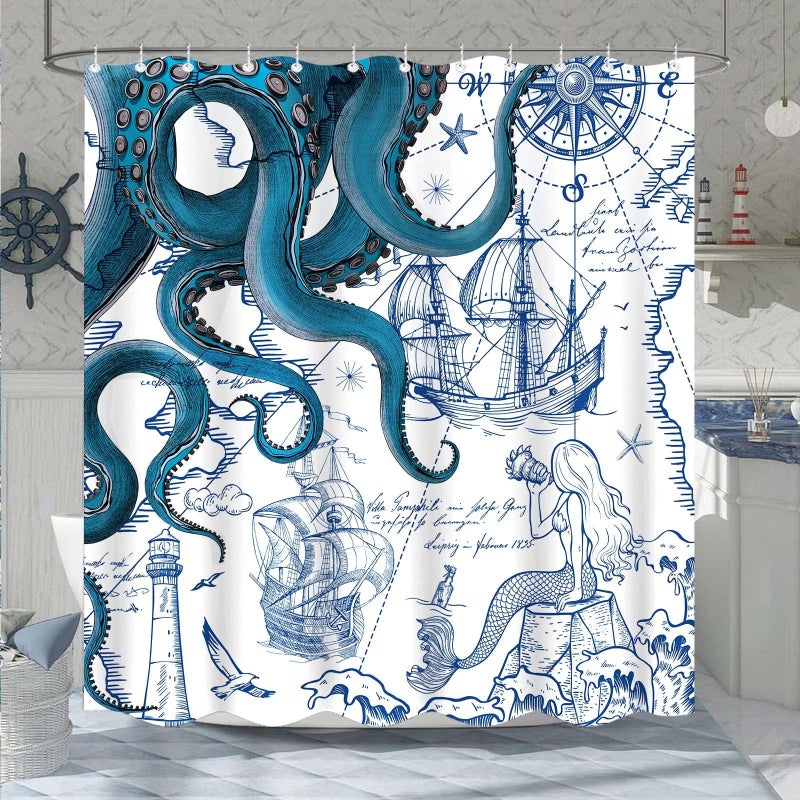 Fungarth Blue Nautical Octopus Shower Curtain Navy Mermaid Funny Ocean Kraken Shower Curtains for Bathroom Cool Anchor Coastal Map Waterproof Fabric Bath Curtain Decor with Hooks (Blue, 72â€ x 72â€) - Image 1