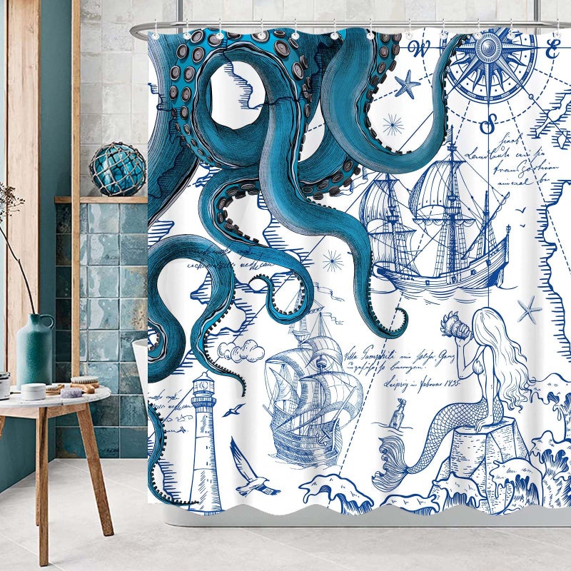 Fungarth Blue Nautical Octopus Shower Curtain Navy Mermaid Funny Ocean Kraken Shower Curtains for Bathroom Cool Anchor Coastal Map Waterproof Fabric Bath Curtain Decor with Hooks (Blue, 72â€ x 72â€) - Image 5