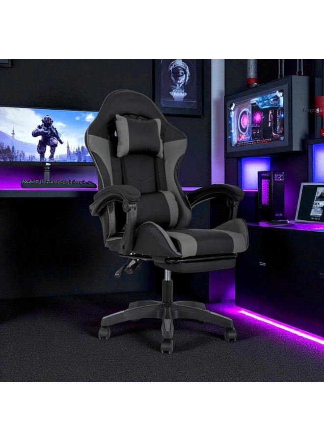 مالتي هوم فيرنيتشر كرسي ألعاب مريح MH-32FR رمادي اللون، مزود بمسند للقدمين، وكرسي مكتب سباق قابل للتعديل مع دعم أسفل الظهر ومسند للرأس، باللونين الأسود والرمادي - Image 1