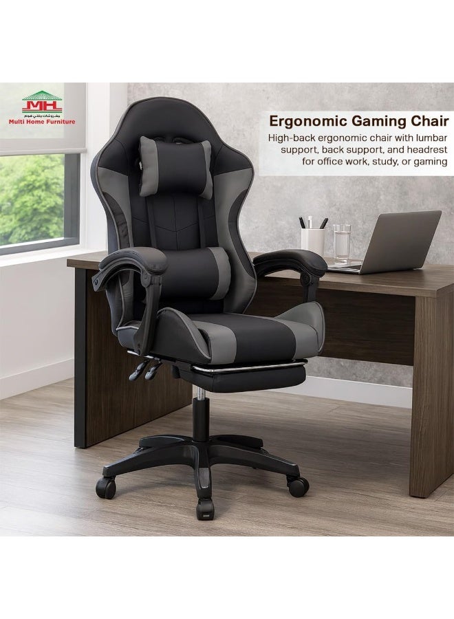 Multi Home Furniture Black & Grey Gaming Chair | Ergonomic Chair High-Back Recliner Chair with Adjustable Footrest & Armrest | Racing-Style Office Chair with Lumbar & Headrest Support for Gaming Setup - Image 4