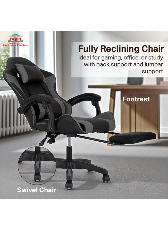Multi Home Furniture Black & Grey Gaming Chair | Ergonomic Chair High-Back Recliner Chair with Adjustable Footrest & Armrest | Racing-Style Office Chair with Lumbar & Headrest Support for Gaming Setup - Image 5