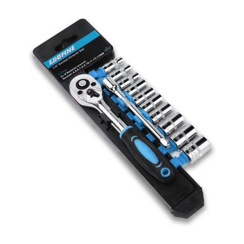 Egofine 12pcs 14 Inch Mini Ratchet Socket Wrench Set Drive Socket Set with 10 Sockets 413mm and 2 Way Quick Released Ratchet Handle and Extension Bar Blue - Image 2