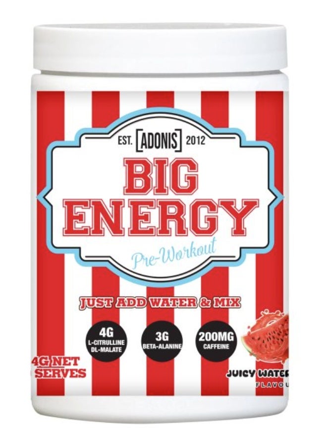 Big Energy Pre-Workout Juicy Watermelon 414g – Energy & Focus Formula, 200mg Caffeine, Creatine, Beta-Alanine, Teacrine®, 7.4g Protein, Gluten-Free, Halal Certified