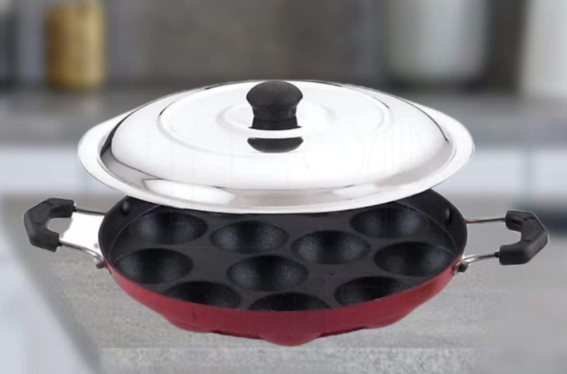 STEEPLE STEEPLE Appam Maker 12 Cavities Non Stick Appam Patra with Lid, Red (Paniyarrakal |Paniyaram |Appam Pan/Maker/Pan Cake Maker)  - Image 1