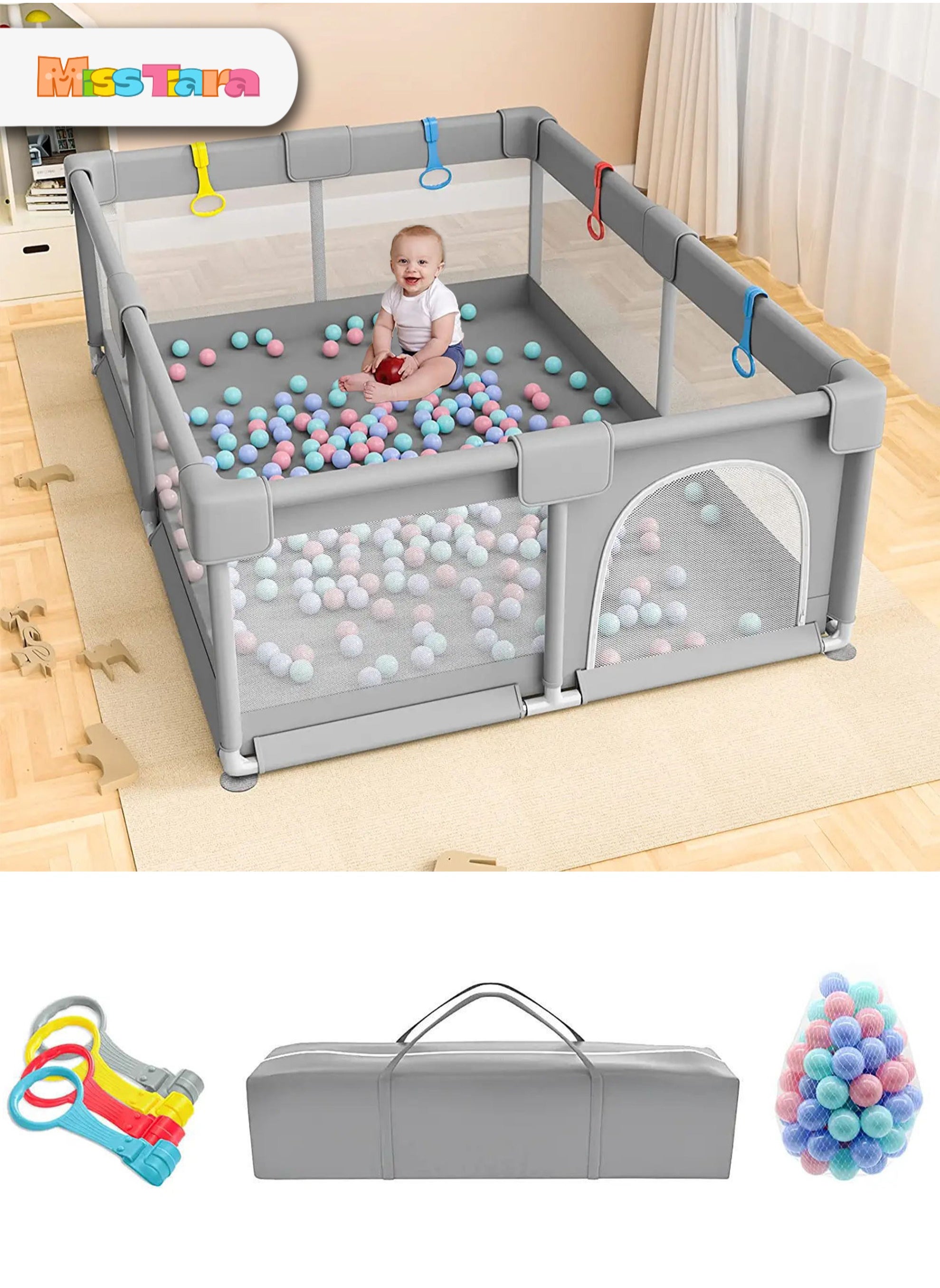 MissTiara Baby Playpen, Extra Large Playard for Babies, Portable Indoor Outdoor Toddlers Safety Play Yard Activities with Breathable Mesh&Zipper Door,Grey150*180cm 