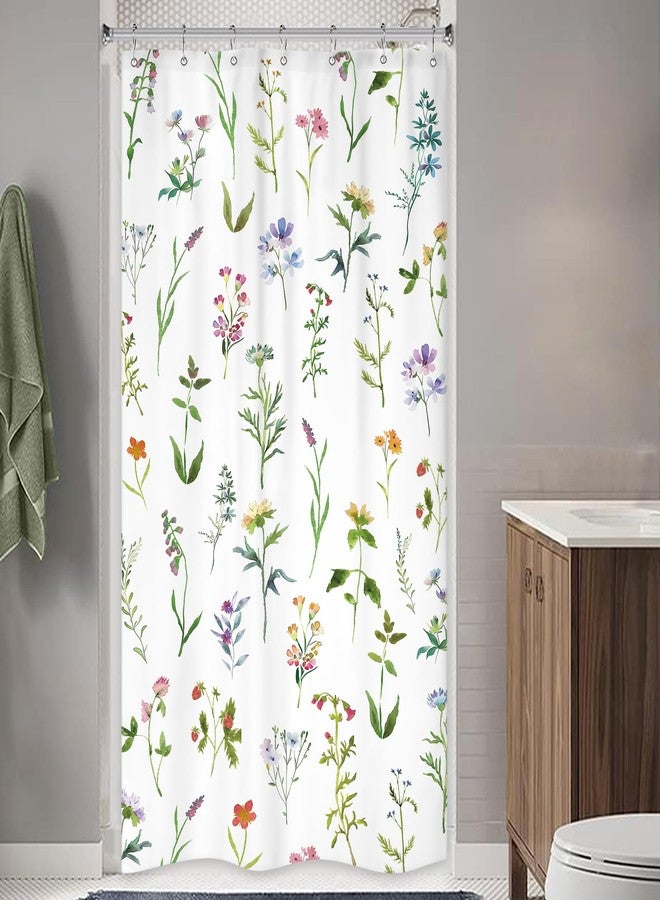 Riyidecor Small Stall Floral Shower Curtain 36Wx72H Inch Half Rv Wildflower Rustic Botanical Plant Herbs Watercolor Flower Spring Season Decor Bathroom Fabric 7 Pack Plastic Shower Hooks Included - Image 1