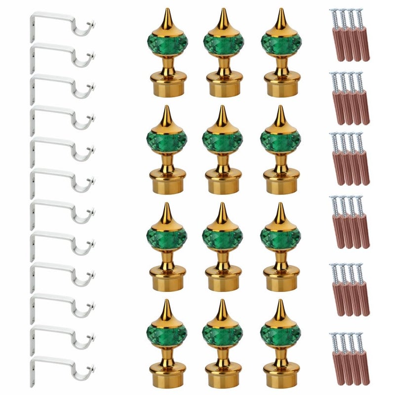 GLOXY Single Diamond Aluminum Curtain Holder with Brackets Full Set with Support Fittings Designer 1 Inch Rod Pocket Finials for Door WindowGold Mix GreenSet of 6 - Image 1