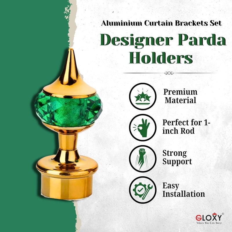 GLOXY Single Diamond Aluminum Curtain Holder with Brackets Full Set with Support Fittings Designer 1 Inch Rod Pocket Finials for Door WindowGold Mix GreenSet of 6 - Image 2