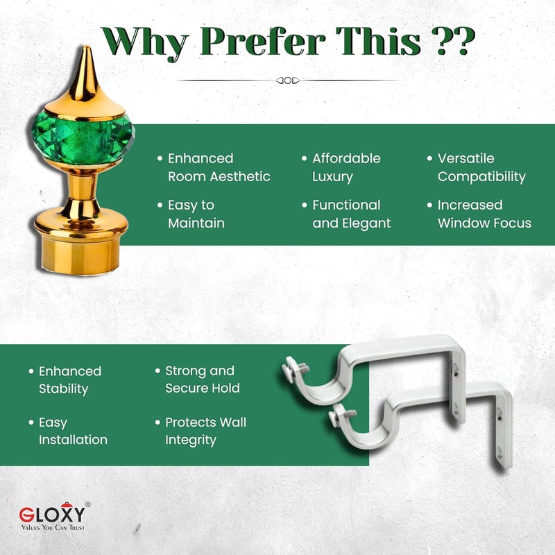 GLOXY Single Diamond Aluminum Curtain Holder with Brackets Full Set with Support Fittings Designer 1 Inch Rod Pocket Finials for Door WindowGold Mix GreenSet of 6 - Image 5
