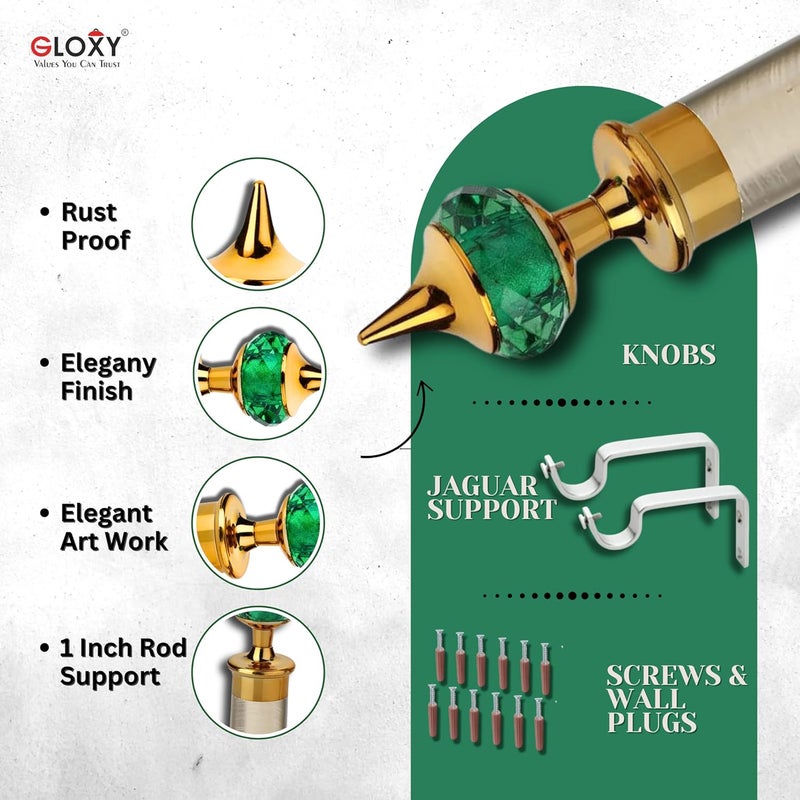 GLOXY Single Diamond Aluminum Curtain Holder with Brackets Full Set with Support Fittings Designer 1 Inch Rod Pocket Finials for Door WindowGold Mix GreenSet of 6 - Image 4
