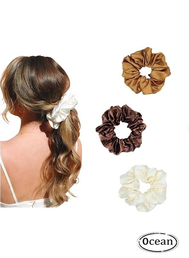 Ocean 3 Pcs Large Satin Silk Scrunchies Set, Thick Elastic Fluffy Hair Ties Ponytail Holder Jumbo Scrunchies Accessories, for Women and Girls(Multi-Color) - Image 1