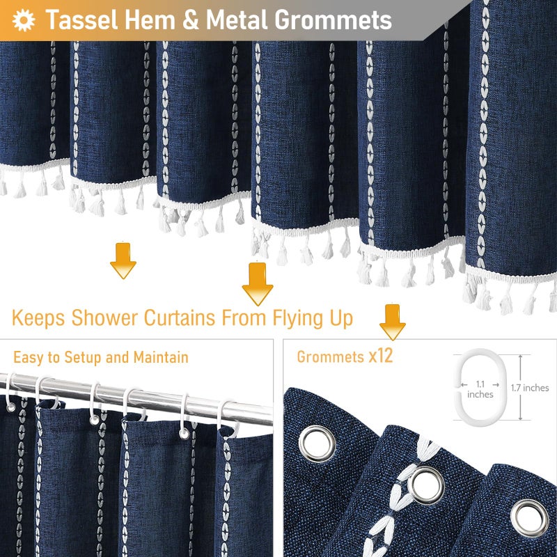 Bttn Startain Extra Long Shower Surtain - 72x84 Long Boho Chic Chicled Linen Linen Startain Startain With Hooks Tall Modern Farmhouse Stretics Huchice Date Sertains للحمام - الأزرق البحري - Image 4