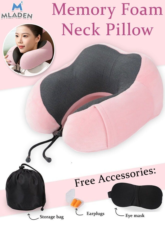 MLADEN سادة سفر من مصنوعة من الميموري فوم، وسادة رقبة مريحة وداعمة لتخفيف الالام اثناء السفر، وسادة طائرة للنوم في الطائرة والسيارة والمكتب والمنزل وردي(بأغطية أذن + قناع عين) - Image 1