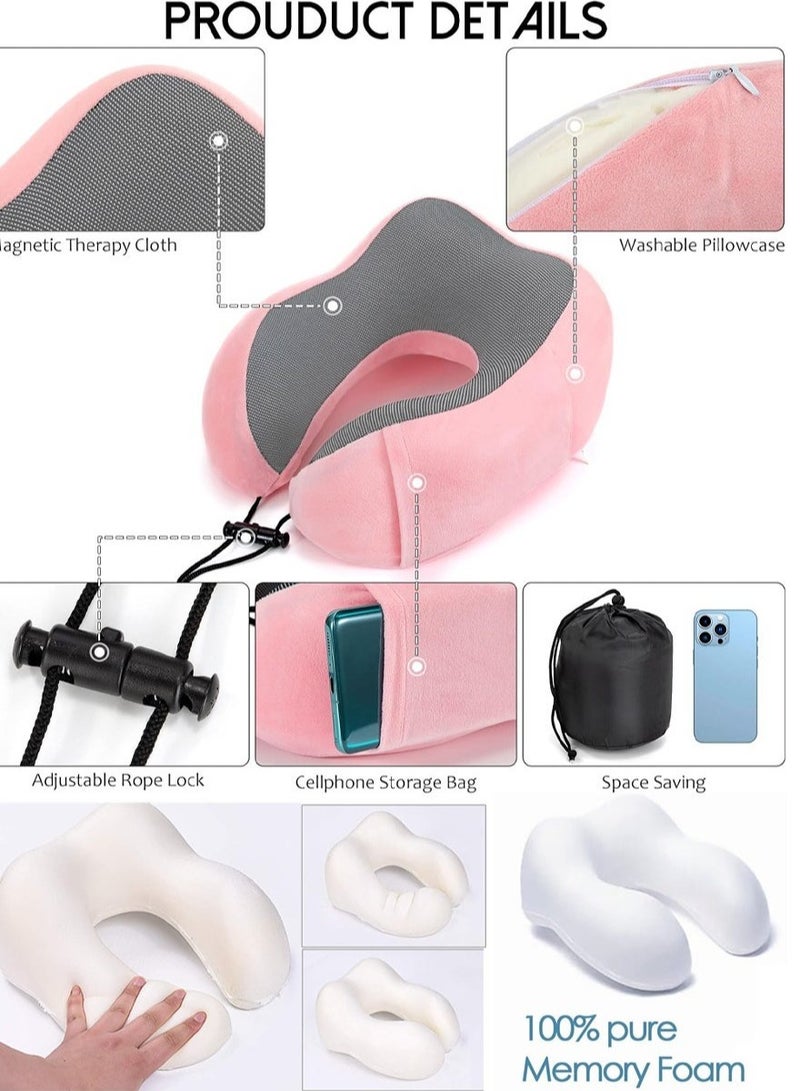 MLADEN سادة سفر من مصنوعة من الميموري فوم، وسادة رقبة مريحة وداعمة لتخفيف الالام اثناء السفر، وسادة طائرة للنوم في الطائرة والسيارة والمكتب والمنزل وردي(بأغطية أذن + قناع عين) - Image 2