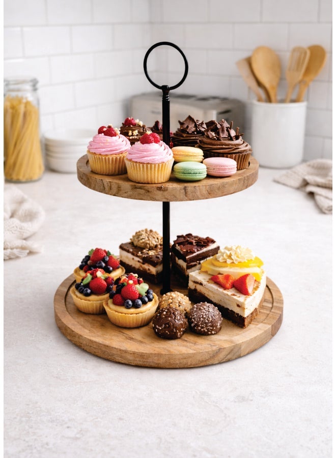 Aanya Homecraft Premium 2-Tier Wood Cake Stand with Black Metal Handle, size: 20x25x28cm– Handcrafted Dessert, Cupcake & Snack Display Stand for Dining, Hosting & Gifting, Natural & Black - Image 4