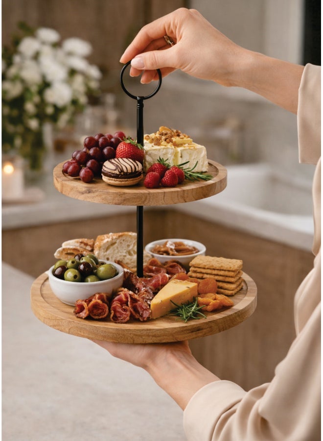 Aanya Homecraft Premium 2-Tier Wood Cake Stand with Black Metal Handle, size: 20x25x28cm– Handcrafted Dessert, Cupcake & Snack Display Stand for Dining, Hosting & Gifting, Natural & Black - Image 2