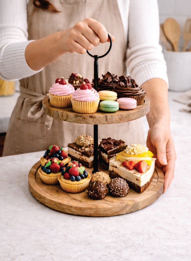 Aanya Homecraft Premium 2-Tier Wood Cake Stand with Black Metal Handle, size: 20x25x28cm– Handcrafted Dessert, Cupcake & Snack Display Stand for Dining, Hosting & Gifting, Natural & Black - Image 3