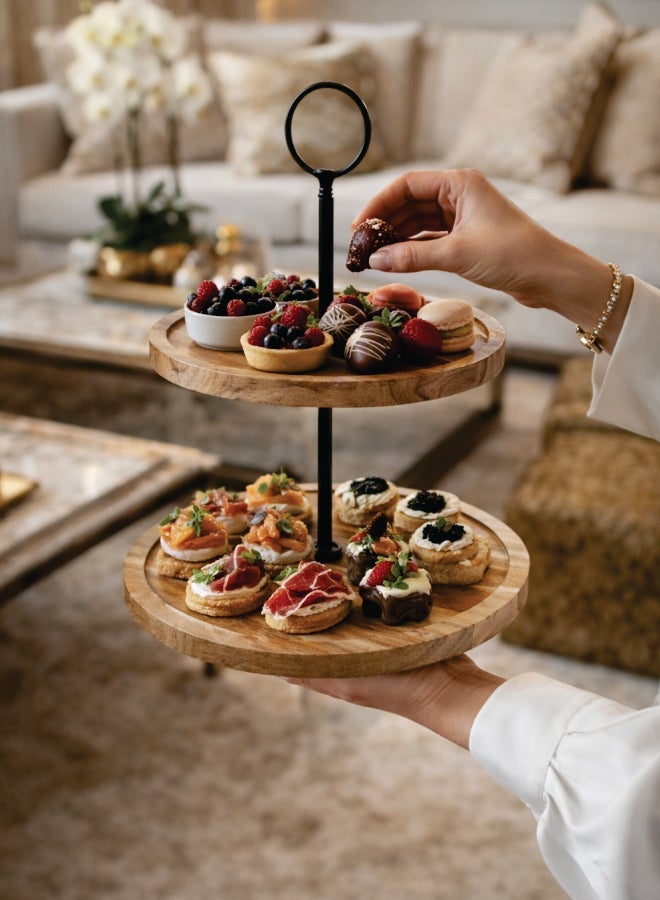 Aanya Homecraft Premium 2-Tier Wood Cake Stand with Black Metal Handle, size: 20x25x28cm– Handcrafted Dessert, Cupcake & Snack Display Stand for Dining, Hosting & Gifting, Natural & Black - Image 5