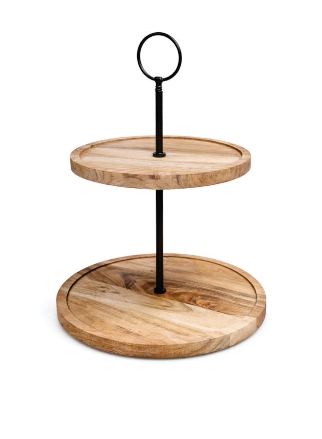 Aanya Homecraft Premium 2-Tier Wood Cake Stand with Black Metal Handle, size: 20x25x28cm– Handcrafted Dessert, Cupcake & Snack Display Stand for Dining, Hosting & Gifting, Natural & Black - Image 1