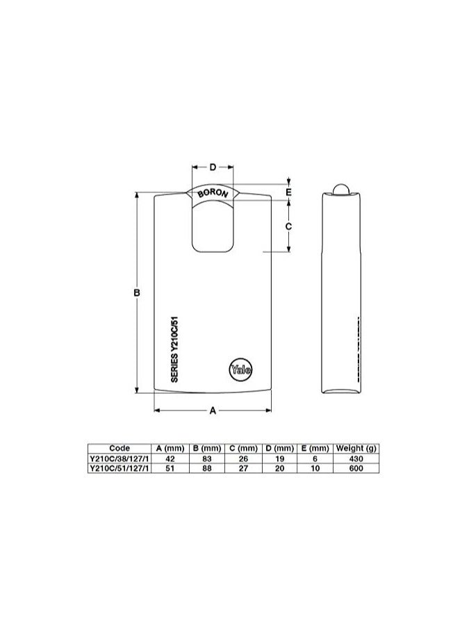 Yale Y210 Steel Padlock 51mm Closed Shackle  High Security Boron Shackle, Chrome Plated Y210/51/127/1  - Image 2
